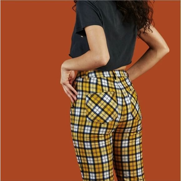 Unif Yellow & White Dawson Plaid High Waisted Cropped Straight Cotton Pants 24 - Picture 3 of 9